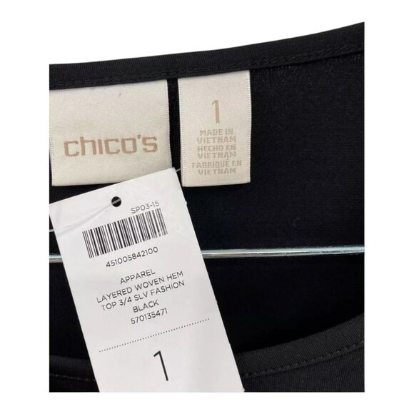 Chicos Black Layered Woven Hem 3/4 Sleeve Top Business Casual Sz 1 8/10 Medium - Picture 5 of 7